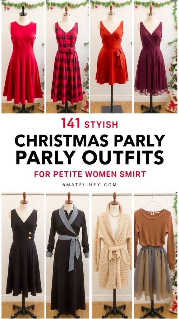 Stylish Christmas party outfits for petite women displayed in a festive setting.
